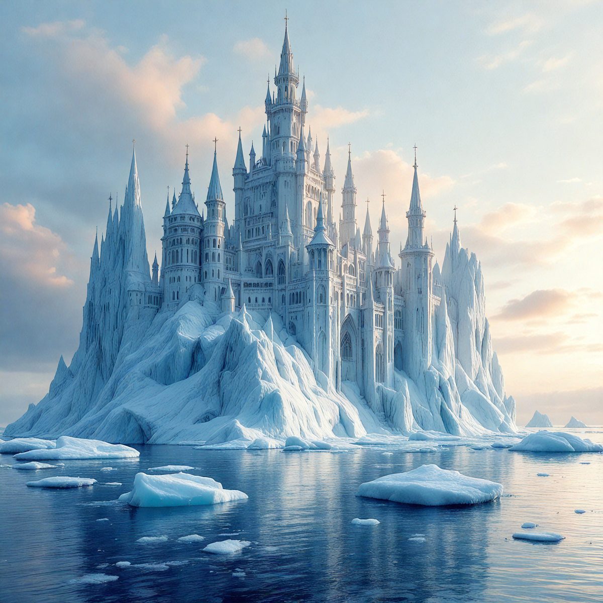 Primary subject: A large, intricate castle made of ice.

Setting/background: The castle is situated on a body of water, surrounded by a frozen landscape.

Visual style: The image is a digital artwork, featuring a detailed and realistic depiction of the ice castle.

Colors and mood: The primary colors in the image are white and blue, with the white ice and blue water creating a serene and chilly atmosphere.